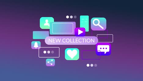Animation-of-new-collection-text-and-media-icons-on-purple-background