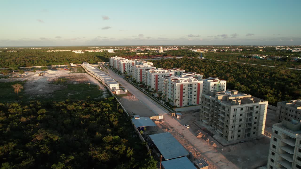 Aerial View Of Brand New Apartment Development Residential Crisfer Punta Cana In The Dominican Republic. Circle Dolly Left