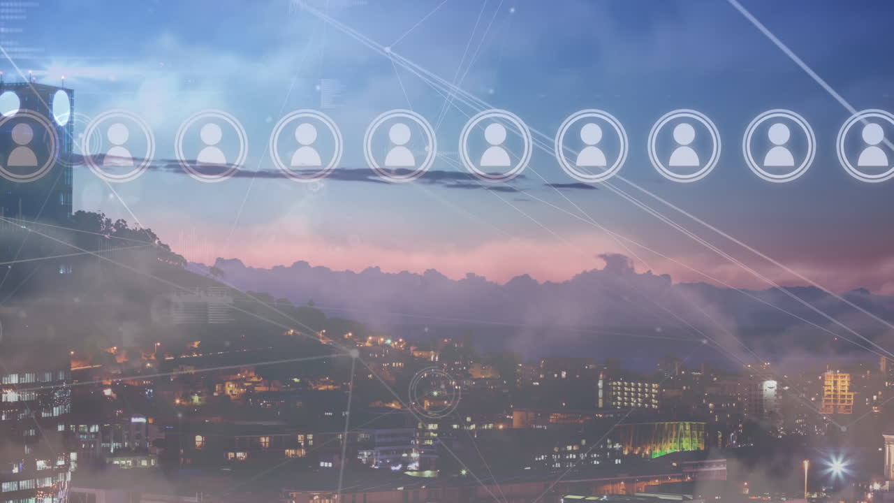 도시 풍경 위의 아이콘으로 연결된 네트워크의 애니메이션