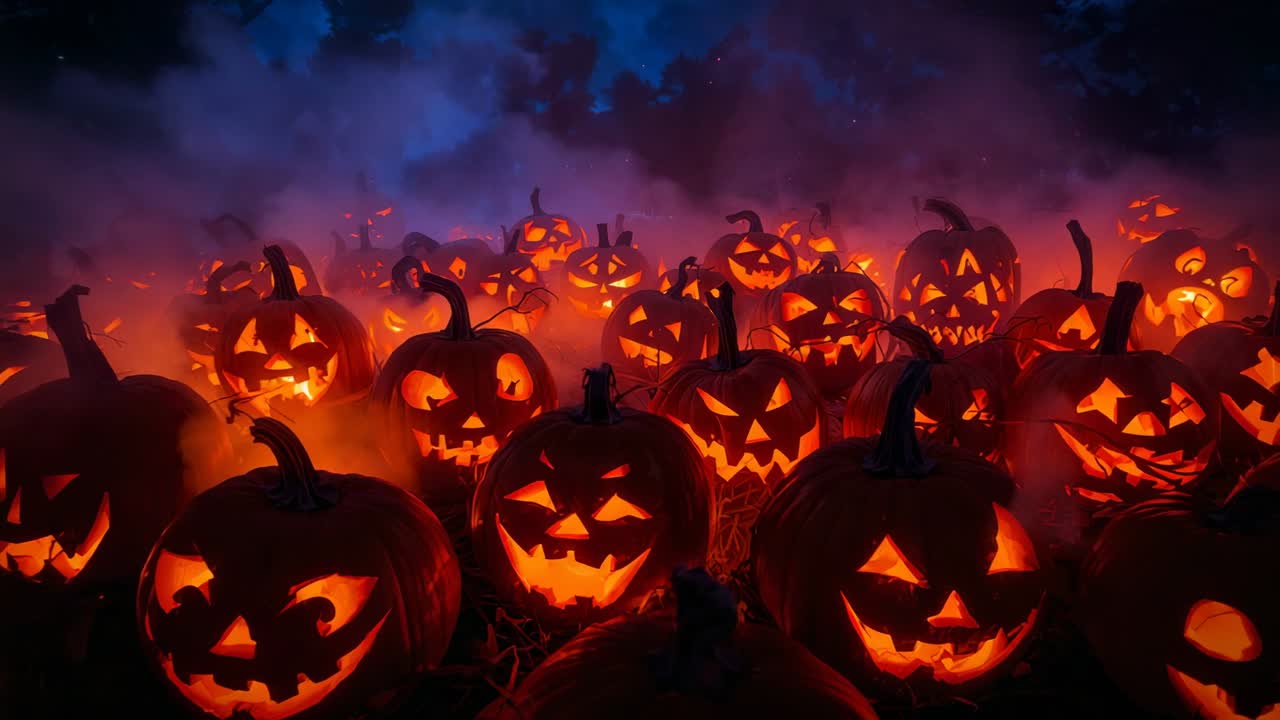 Flickering carved pumpkins glowing across straw-covered pumpkin patch at night, with drifting mist