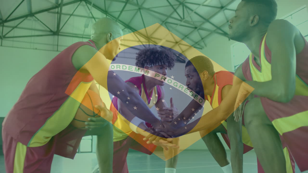 코트 에 있는 다양한 농구 선수 들 위 에 있는 브라질 국기 의 애니메이션