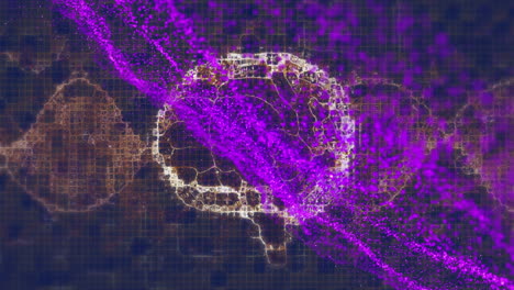 animación de ondas de partículas púrpuras de neón 3d en movimiento, cerebro humano, adn en fondo gráfico de computadora