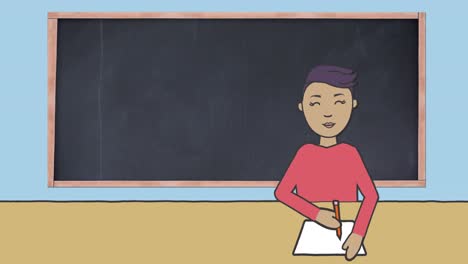 Animation-of-illustration-of-schoolboy-sitting-at-desk-and-writing-with-blackboard-in-background