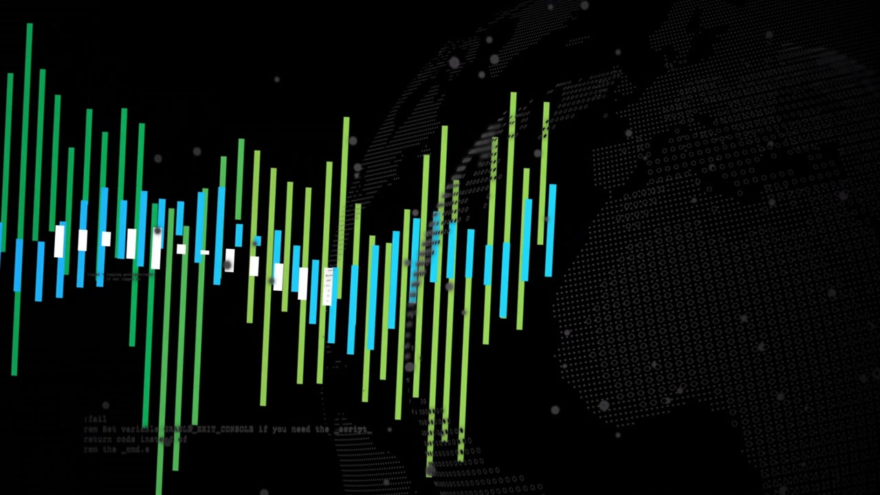 Dark backdrop opening bar graph pulsing and color-shifting rotating globe showing data timeline