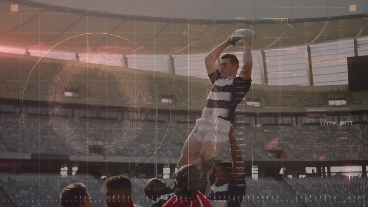 animación del procesamiento de datos durante un partido de rugby en un estadio deportivo