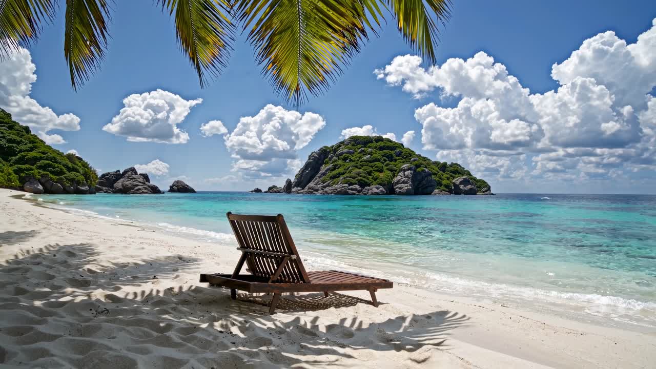 Tropical beach scene with a wooden lounge chair under palm leaves