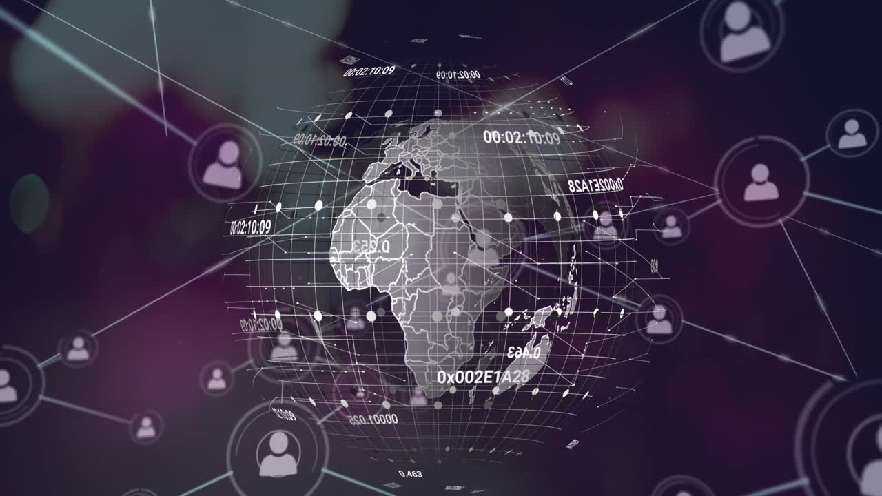 анимация сети икон профиля и изменение номеров над вращающимся глобусом на фиолетовом фоне.