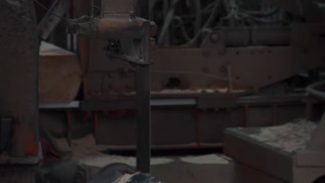large timber log moves on conveyor belt to be cut on vertical saw, close up