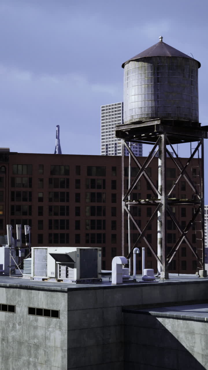 Urban skyline view featuring a water tower and city buildings at dusk