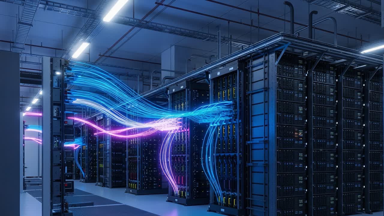 Visualizing Data Flow: A Glimpse into a Modern Data Center with Dynamic Light Patterns Representing Network Activity and Server Performance