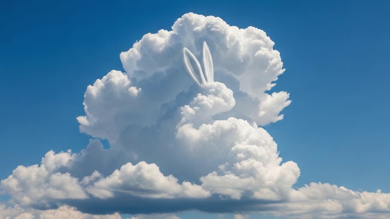 A whimsical cloud formation resembling a rabbit with long ears emerges in a bright blue sky, creating a playful and imaginative scene that sparks joy and wonder