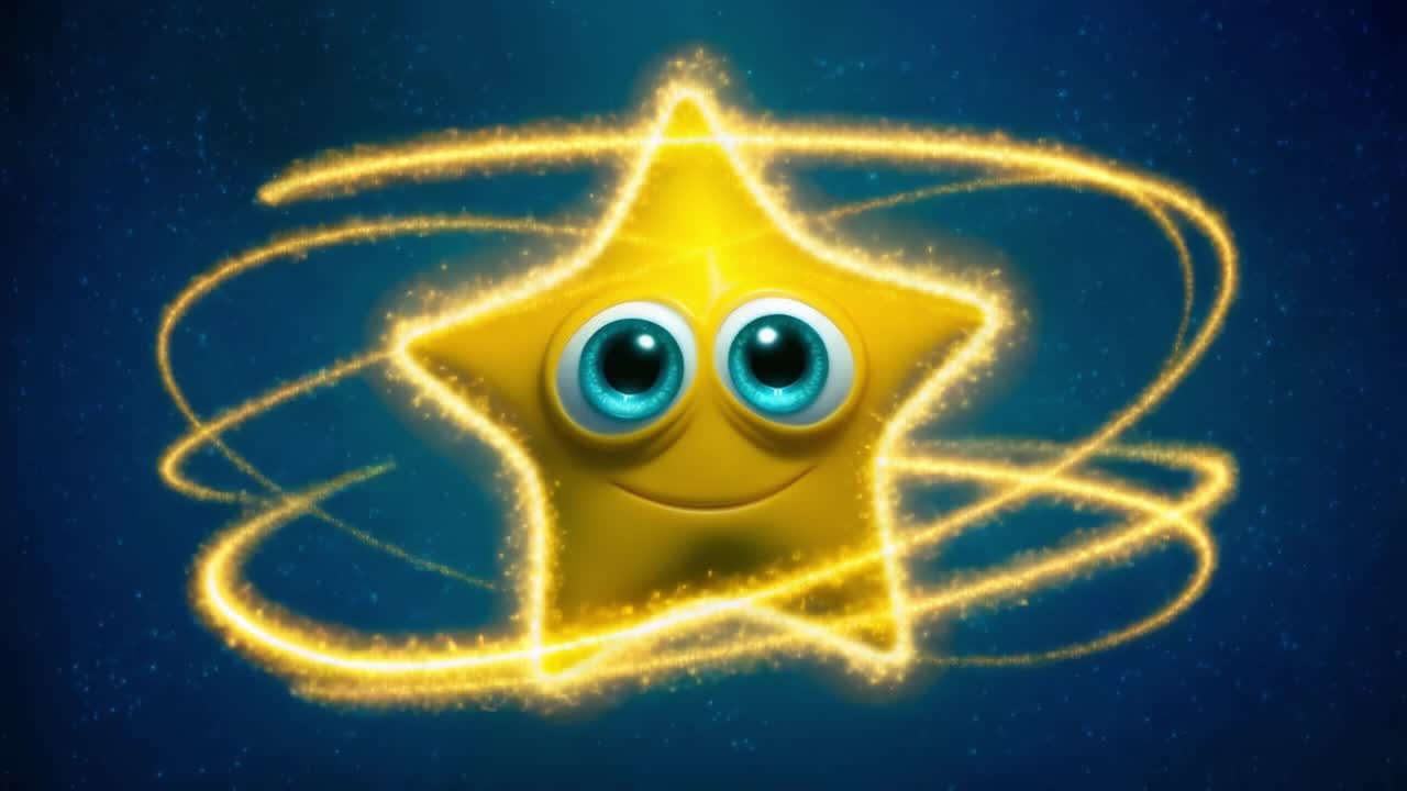 A whimsical animated star character with large, expressive eyes, surrounded by a sparkling cosmic aura, bringing joy and positivity in a vibrant night sky setting full of stardust