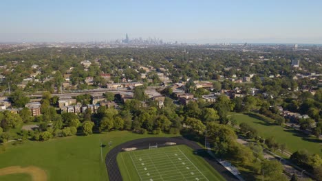 beautiful establishing shot above ogden park in chicago's englewood neighborhood