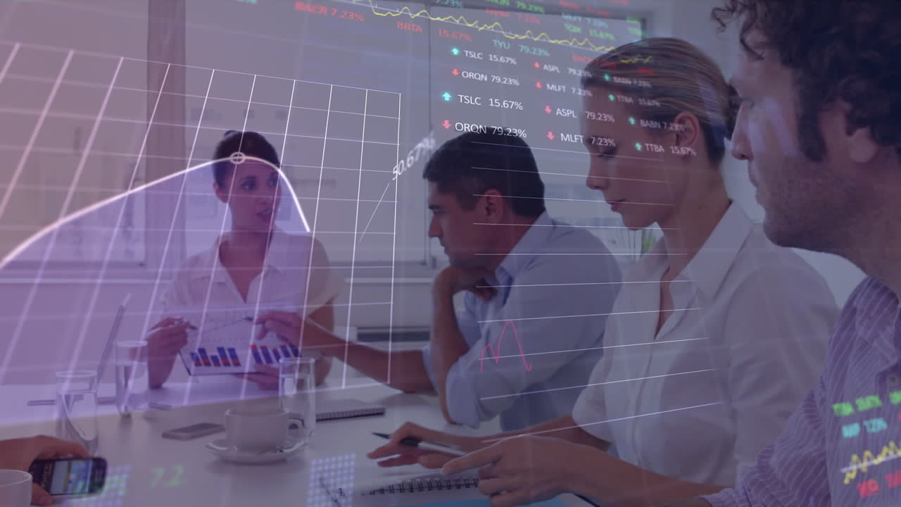 Animation of stock market data processing over diverse businesspeople discussing together at office
