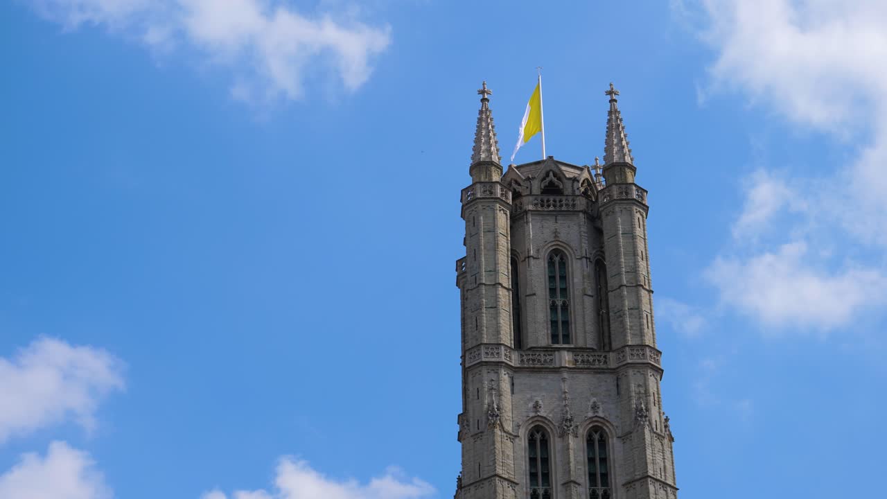 Saint Nicholas Church with Papacy Flag, Ghent, Netherlands, Slow Motion