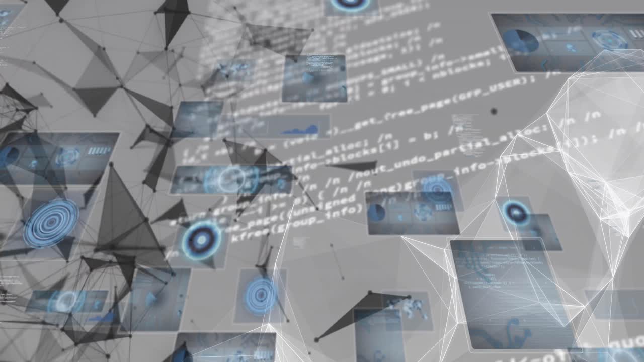 하드 인터페이스의 애니메이션, 배경에서 프로그래밍 언어를 통해 기하학적 모양을 형성하는 점