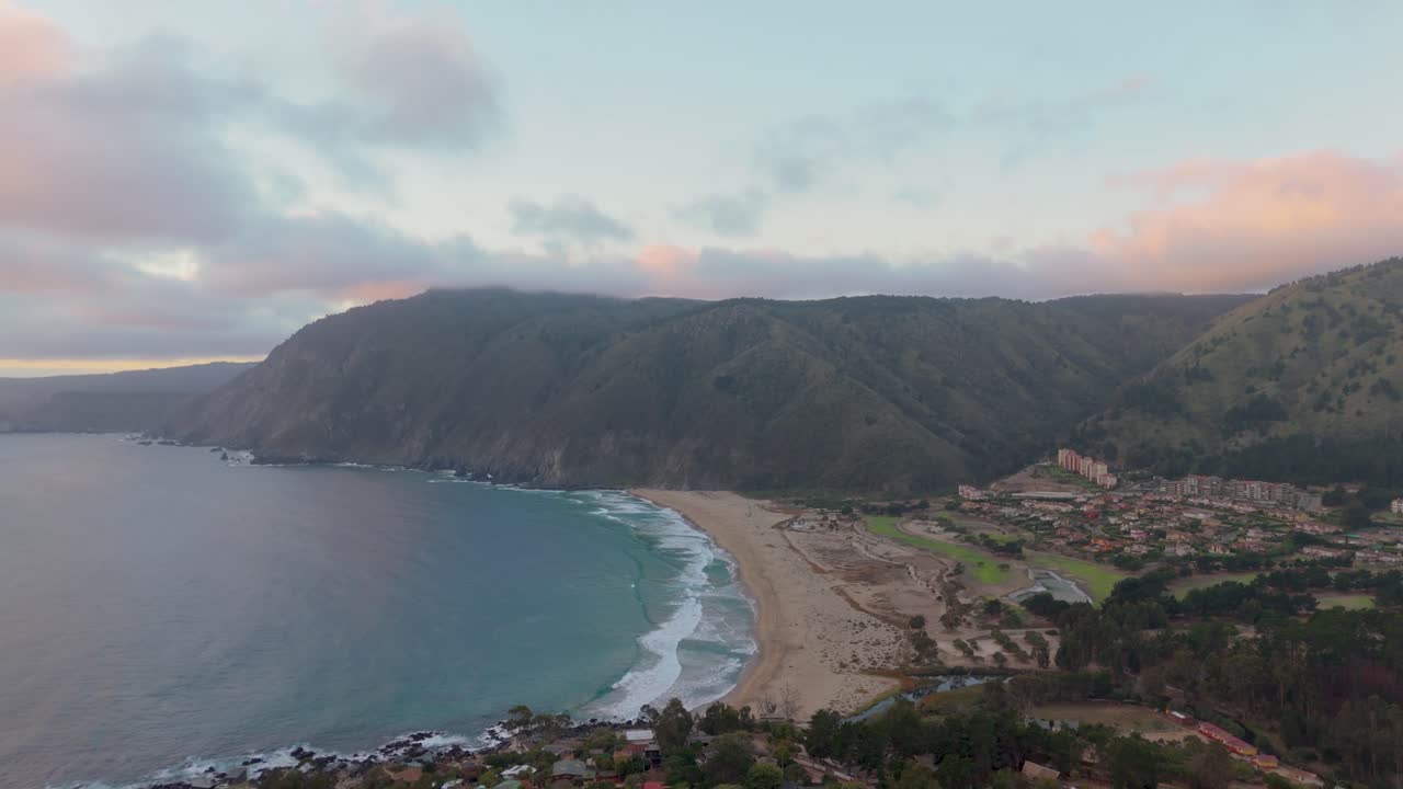 Quintay Chile Casablanca Valparaiso beach sea foam, morning drone from above