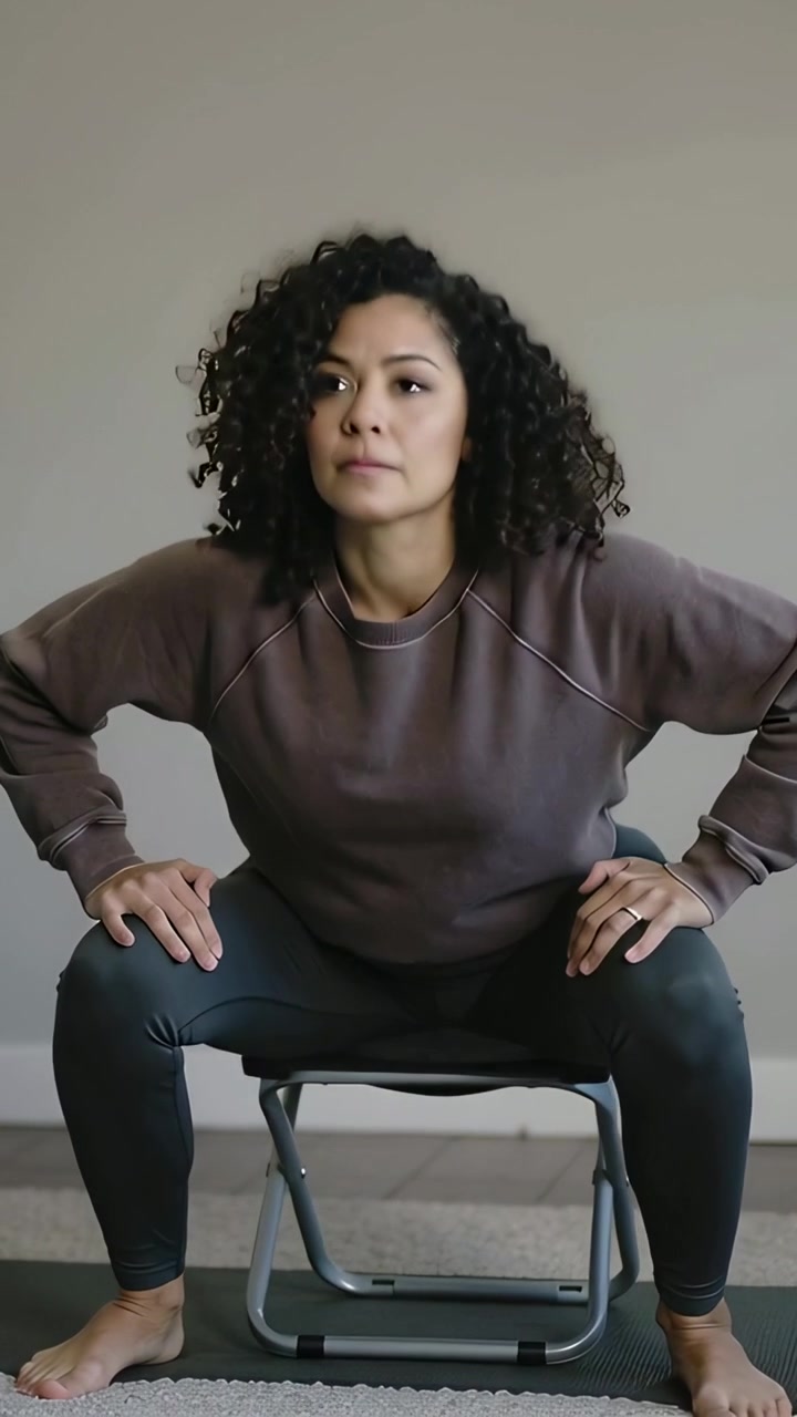 Vertical video: Doing wide squats, woman in brown top grey leggings using low stool for depth home