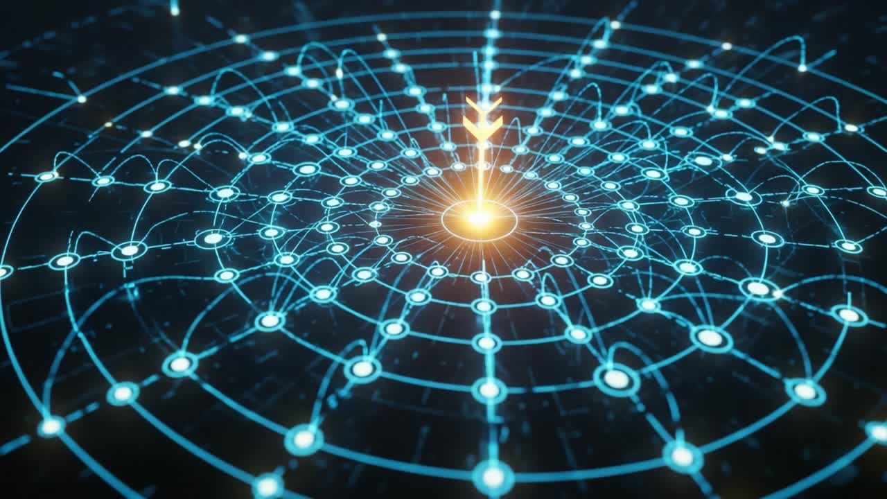 An Engaging Visualization of a Radiant Centerpoint Surrounded by Intricate Patterns and Network Connections Representing Complex Data Interactions