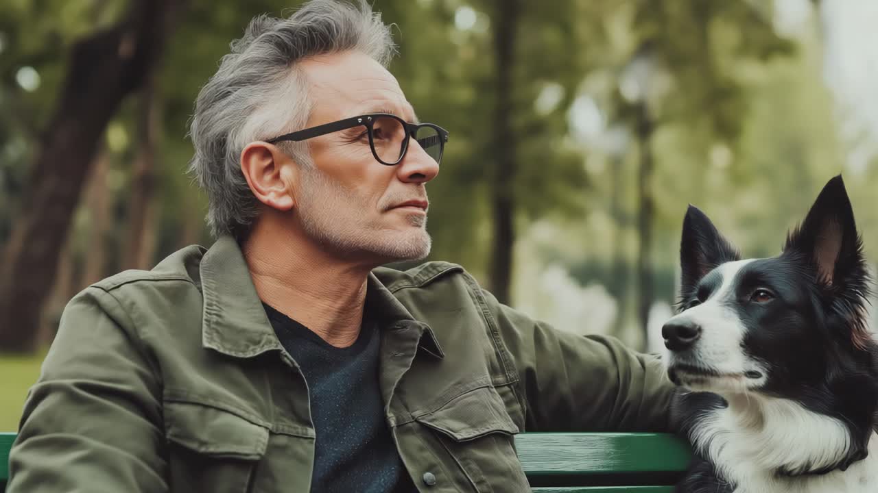 Man and dog sitting on a park bench