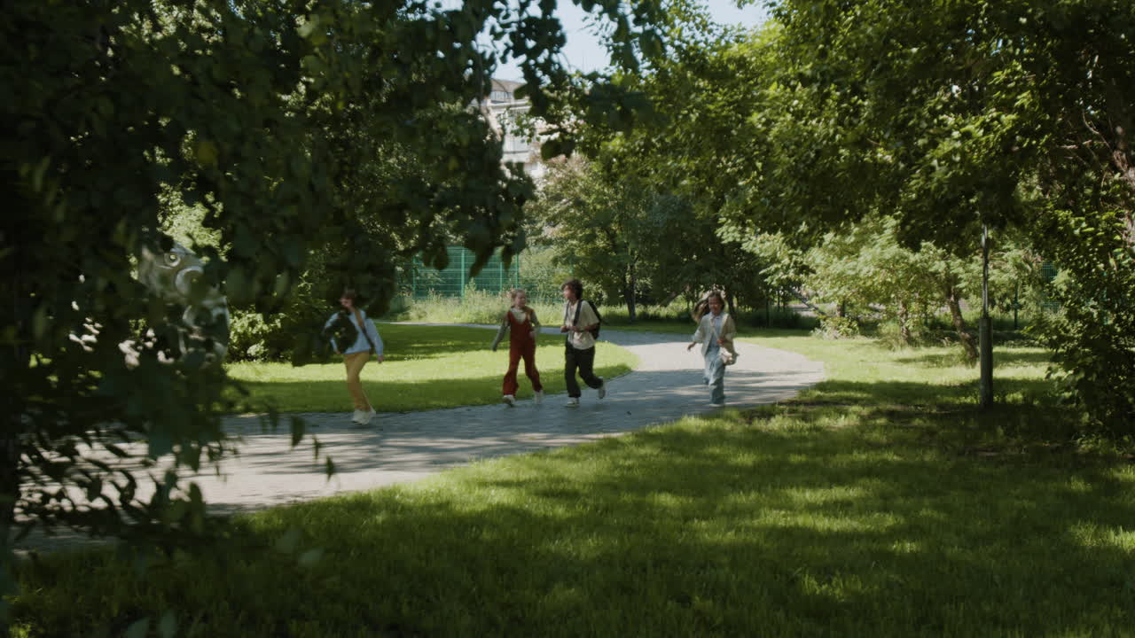 Students walking along a path in a sunny park