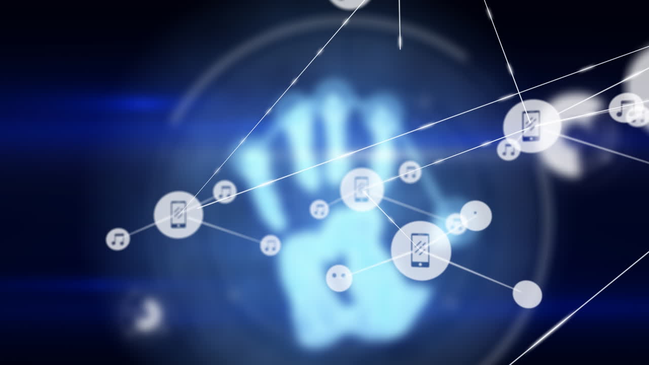 animación de móviles de teléfonos inteligentes y iconos de notas musicales que se conectan a través de la huella digital