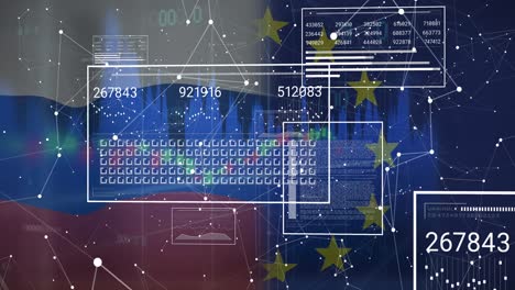 animation of interface with data processing and network of connections against waving eu flag
