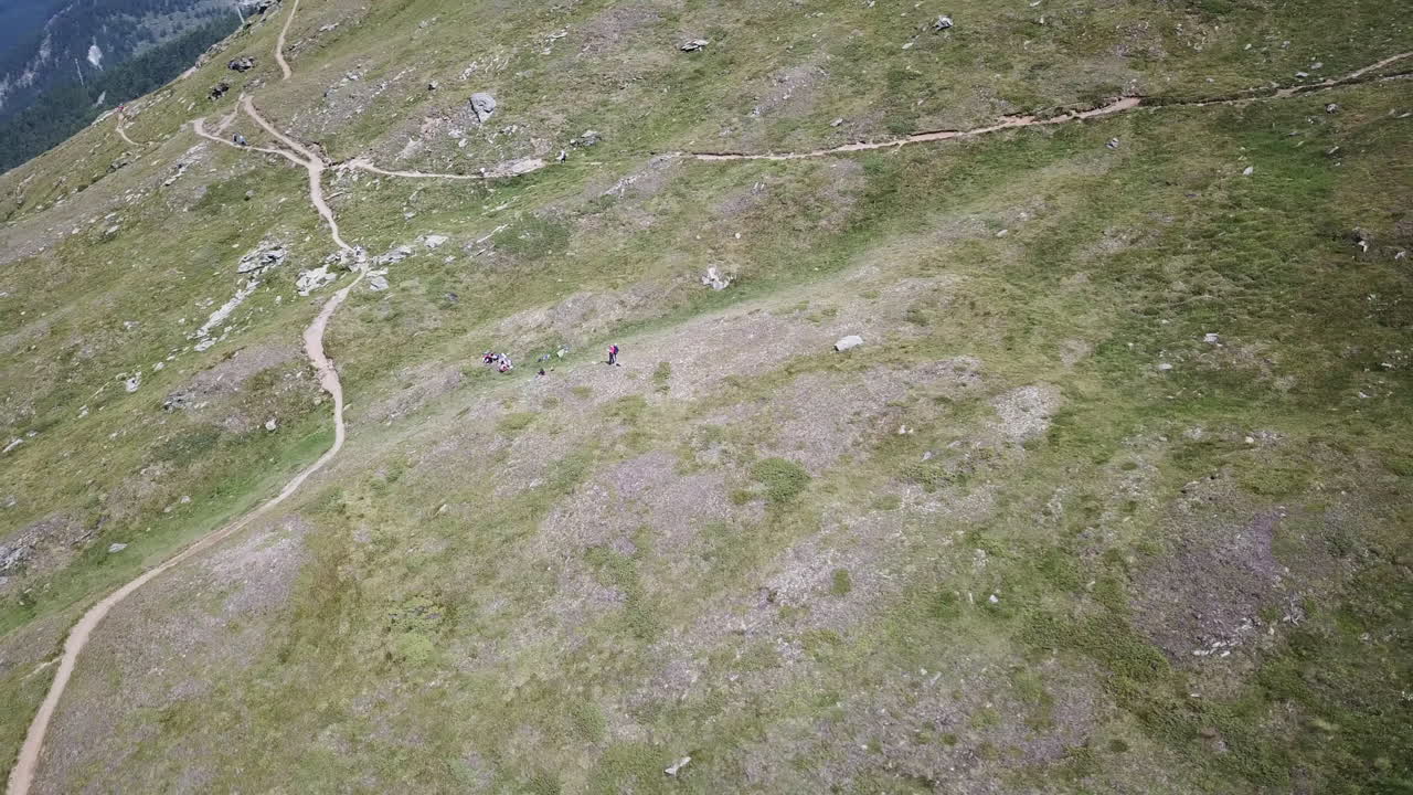 toma panorámica de drones: campos de hierba en una fachada de montaña en los alpes suizos, camino para caminantes, ciclistas