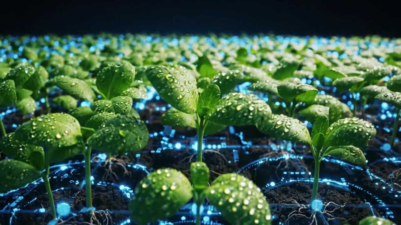 Die Schnittstelle von Technologie und Natur: Ein Kontrast zwischen einem digitalen Raster und üppigem Grün, der die Symbiose von Innovation und Umweltwachstum hervorhebt.