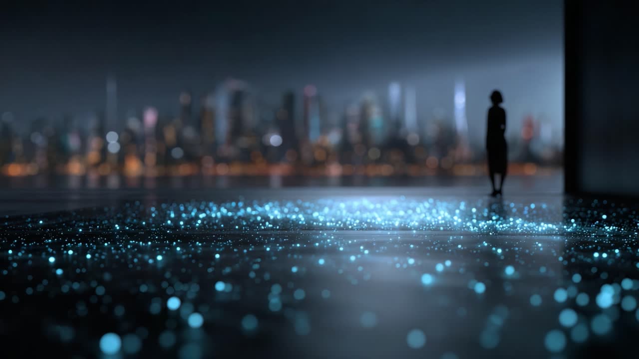 A solitary figure standing against a mesmerizing city skyline, illuminated by an enchanting display of shimmering blue particles on a reflective surface