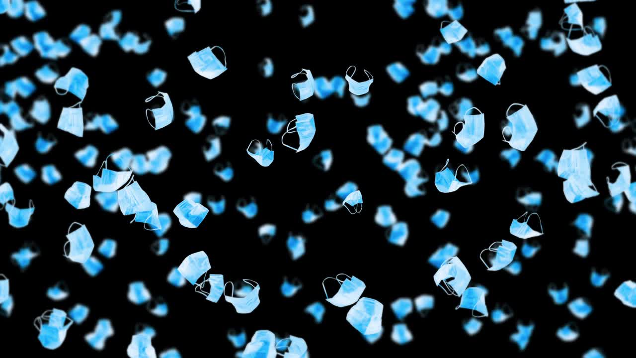 검은 바탕에 많은 파란 마스크를 날아. 의료 개념. 수술 보호 마스크. 마스크 회전의 3d 애니메이션. 루프 애니메이션.