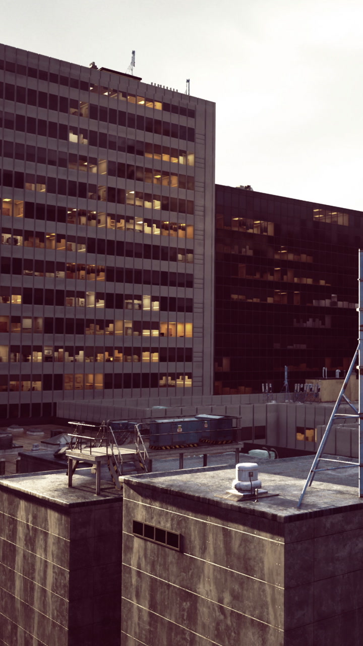 City skyline view showcases contrasting architecture and evening glow
