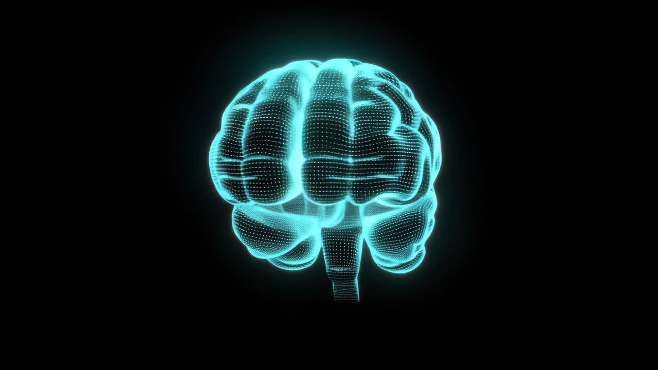 Futuristic 3D brain hologram with glowing lines on a black background
