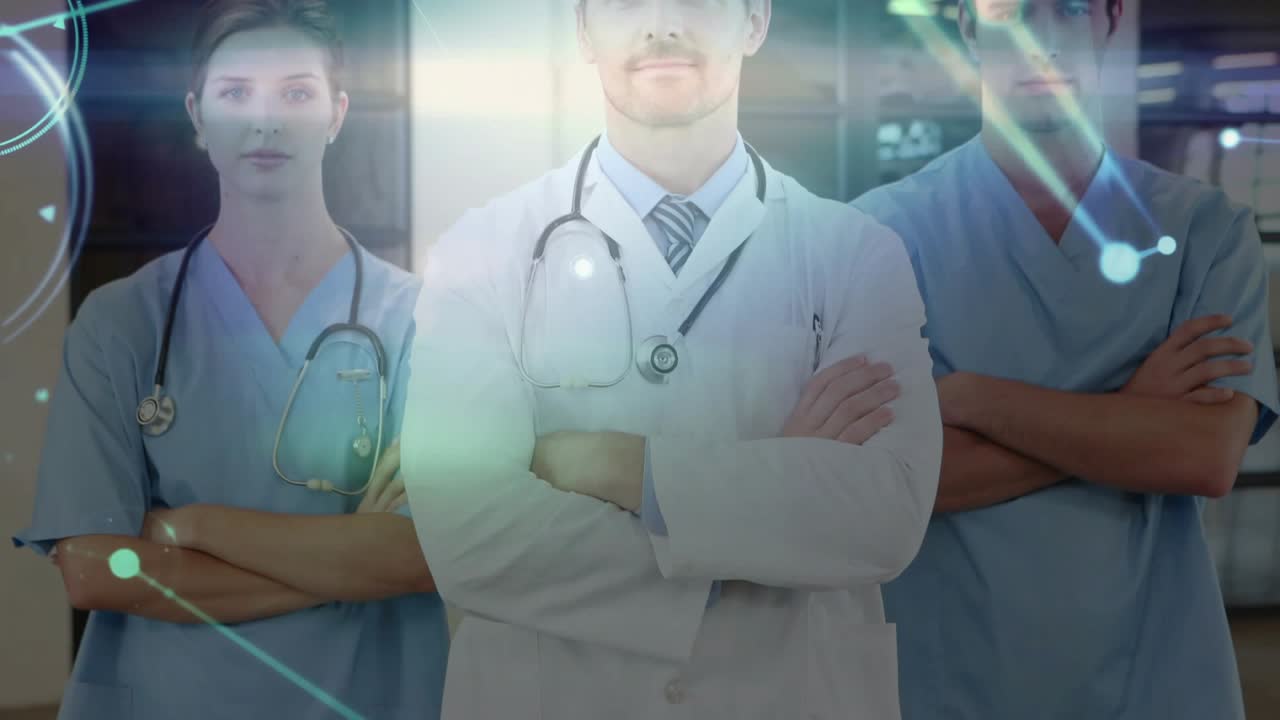 Kamera bergerak menggeser menyingkap staf medis yang berdiri saat lapisan data menguat, menyoroti aliran data.