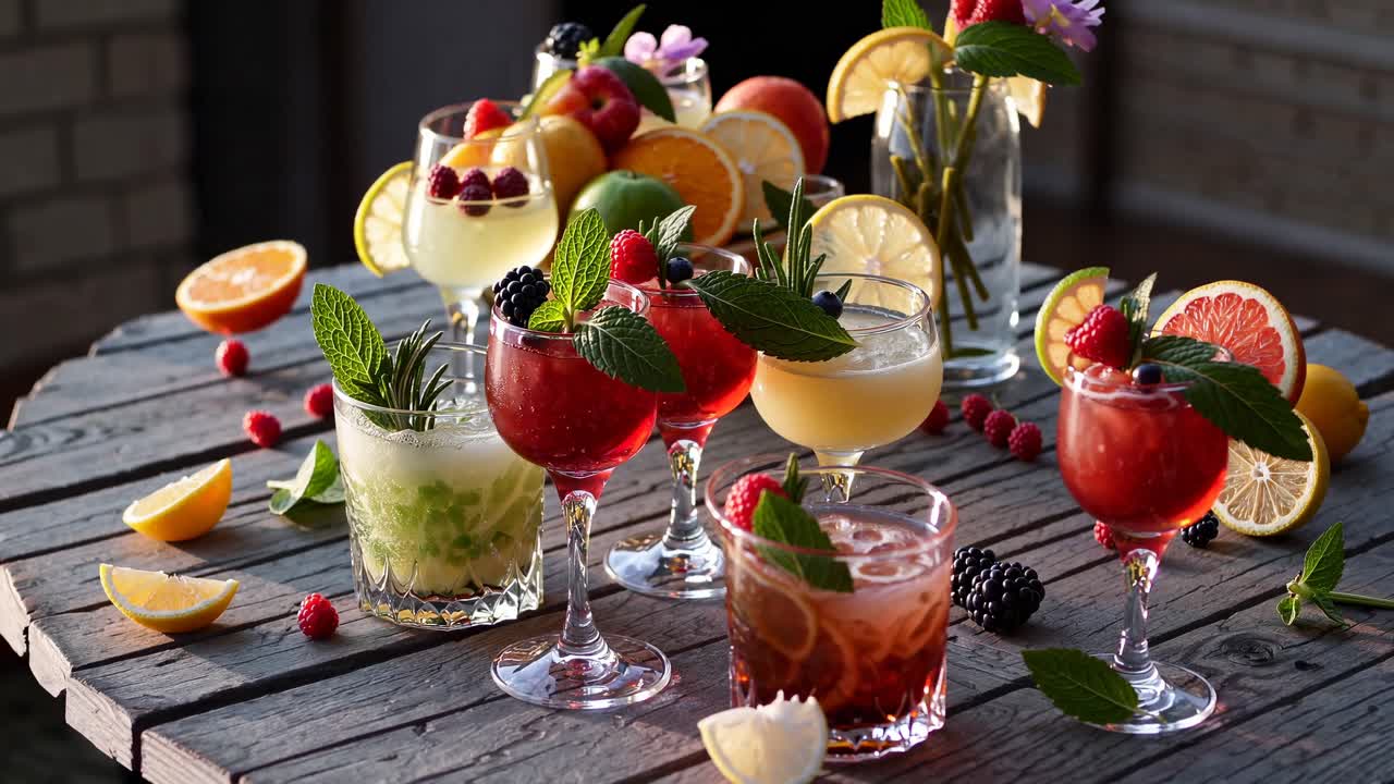 Vivace scena video di cocktail assortiti su un tavolo rustico in legno