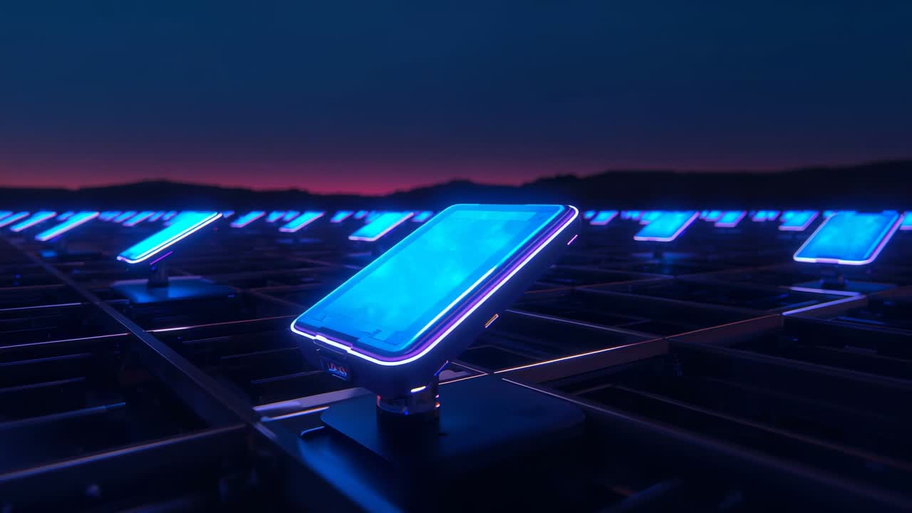 Spostamento della telecamera che rivela un pannello blu brillante su una piattaforma a griglia metallica al crepuscolo, con file di pannelli