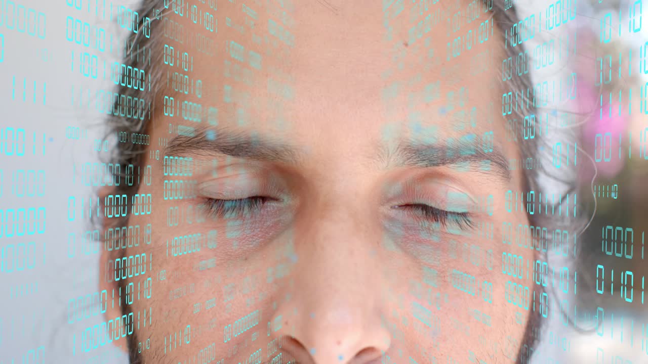 Man lying eyes closed, cyan binary overlay projecting causing eyelids opening and scanning for tech