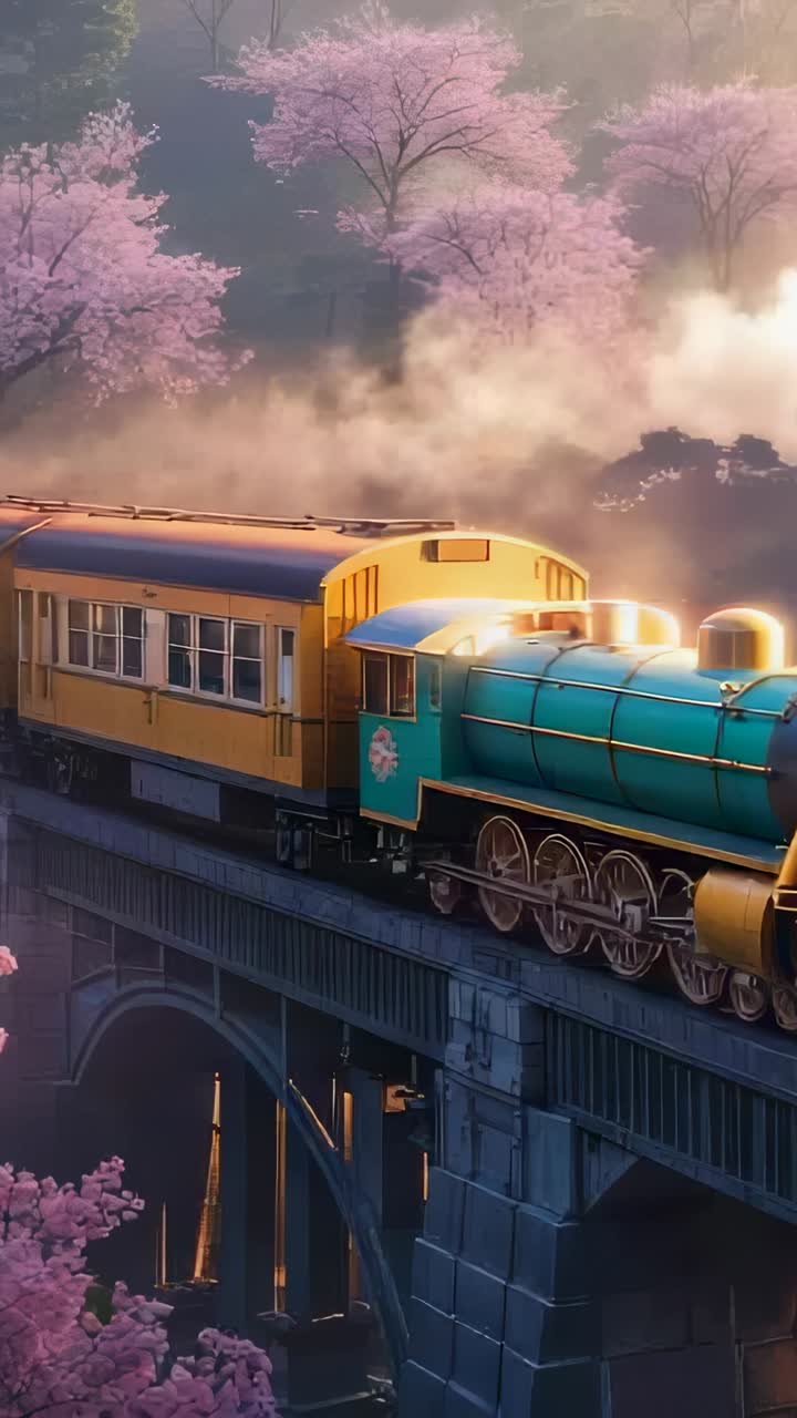 Vertical video: Emerging steam train rolling across viaduct in forest, passing cherry blossoms