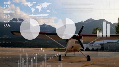 gráficos y gráficos de animación sobre un pequeño avión estacionado cerca de las montañas