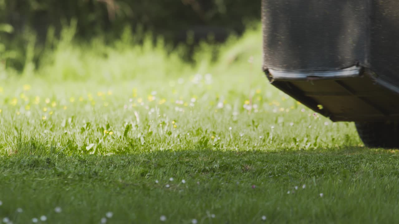 cerca de la cortadora de césped en el campo de hierba de primavera en el patio