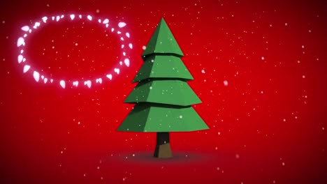 Dekorative-Leuchtende-Lichter-Vor-Schneeflocken,-Die-über-Das-Weihnachtsbaumsymbol-Auf-Grünem-Hintergrund-Fallen