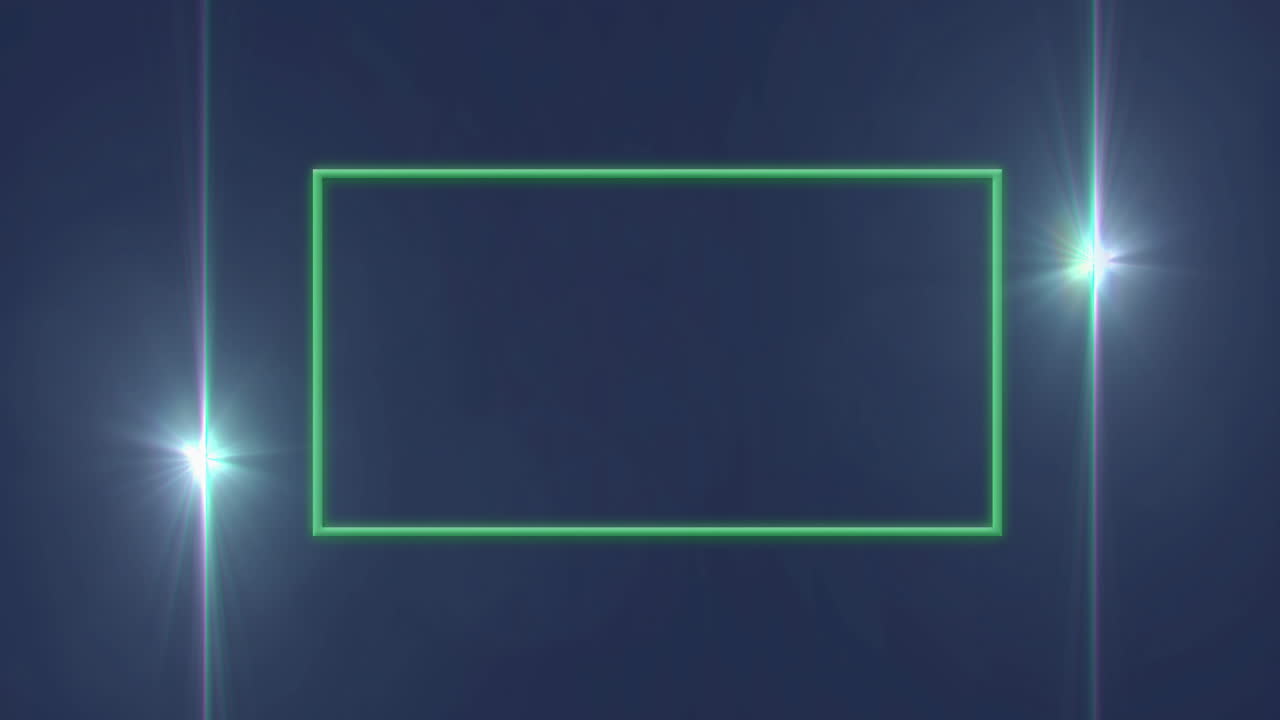 Animation of flickering green neon frame with copy space on blue background