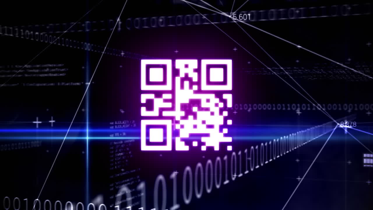 Digital animation of glowing qr code against binary coding data processing on black background