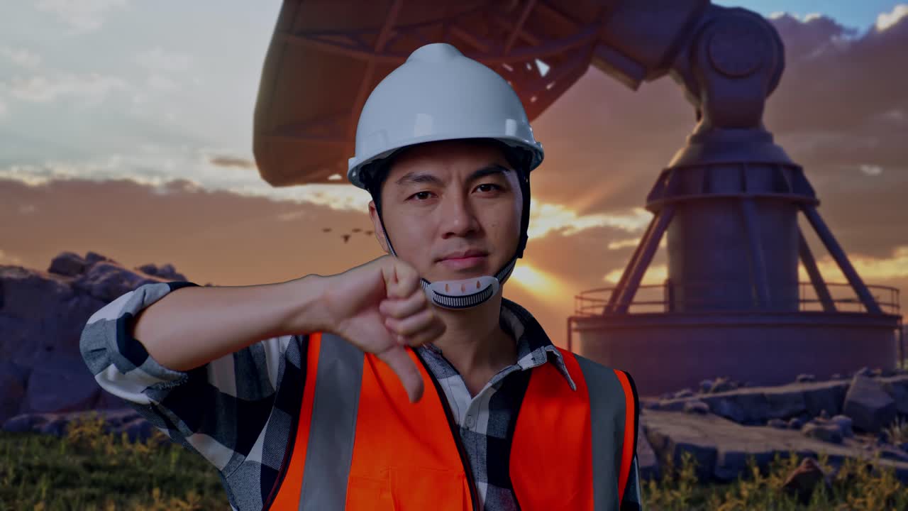 Close Up Of Asian Male Engineer With Safety Helmet Showing Thumbs Down Gesture And Shaking His Head While Standing With Large Satellite Dish