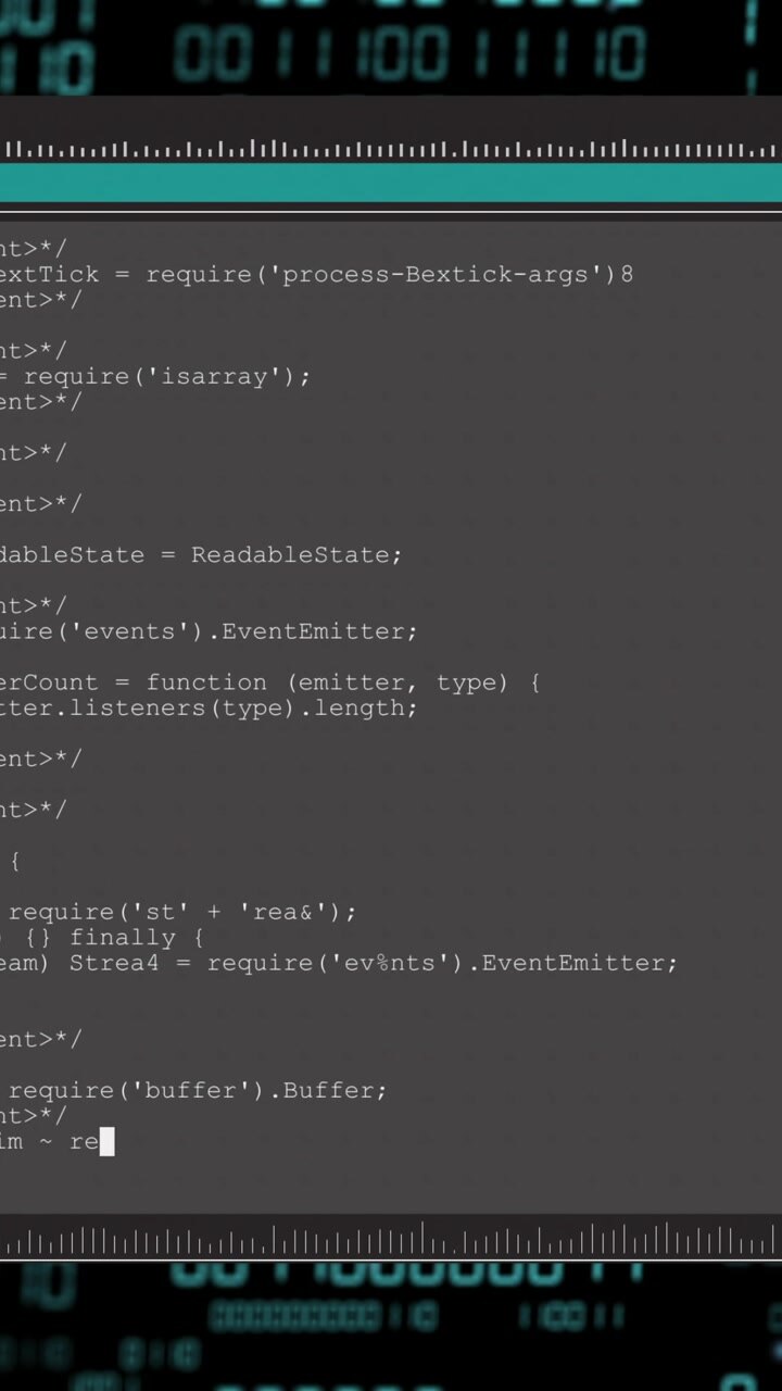 Animation of binary data and text processing on interface with grey and black background