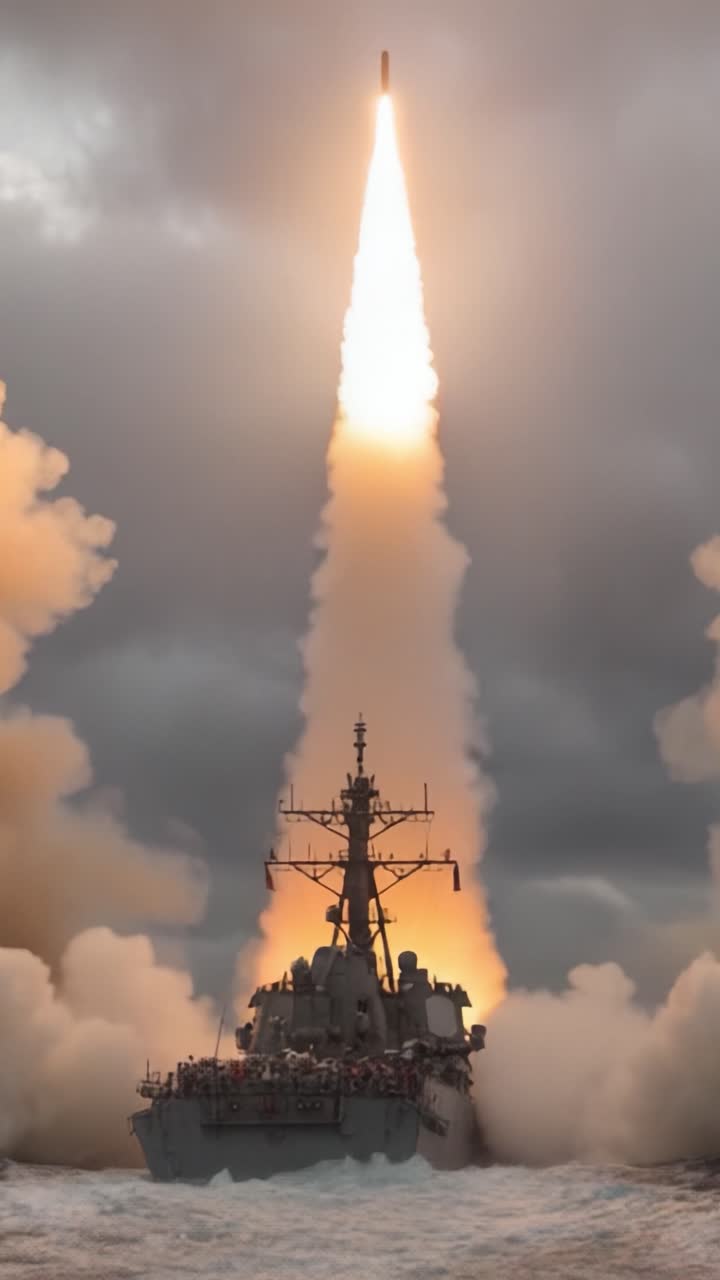 A Military Naval Vessel Launching a Powerful Missile Amidst Dramatic Cloudy Skies and Billowing Smoke, Showcasing Advanced Warfare Technology and Naval Strength
