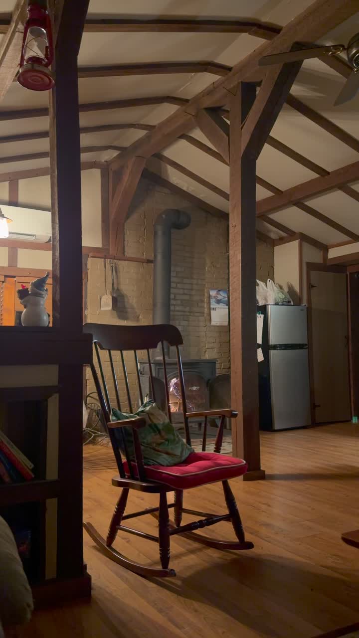 Warm Cinematic Interior of a cabin with a fire wood stove