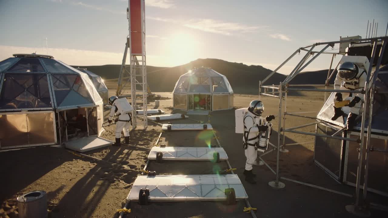 Tre tecnici in tute bianche che ispezionano e eseguono manutenzione su cupole geodetiche al tramonto.