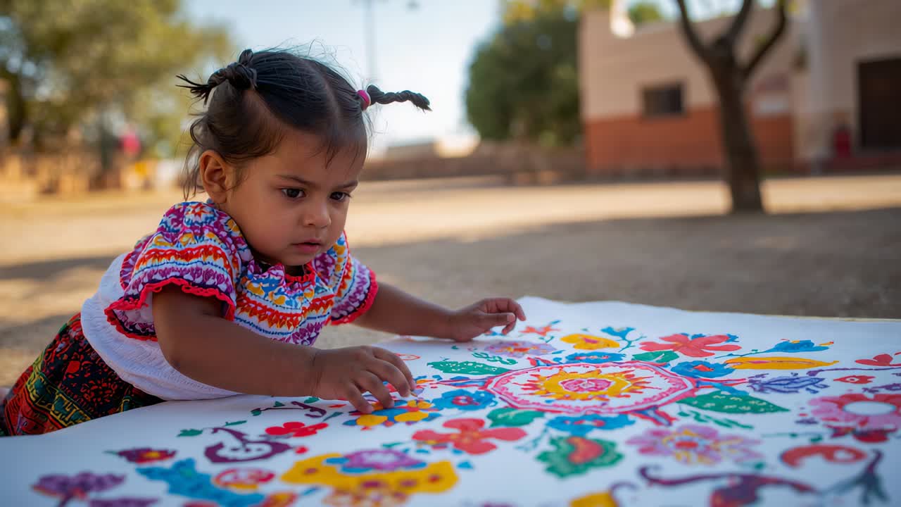 Placing toddler in embroidered top arranging bits on floral pattern in yard, bike passing