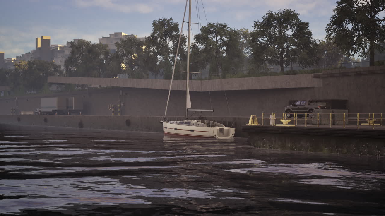 Sailboat docked at a quiet marina during early evening with city skyline